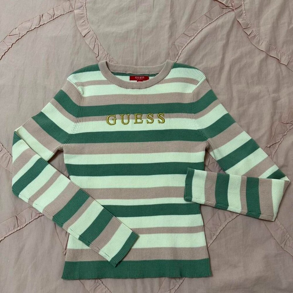 Guess striped sweater top with gold embroidery.